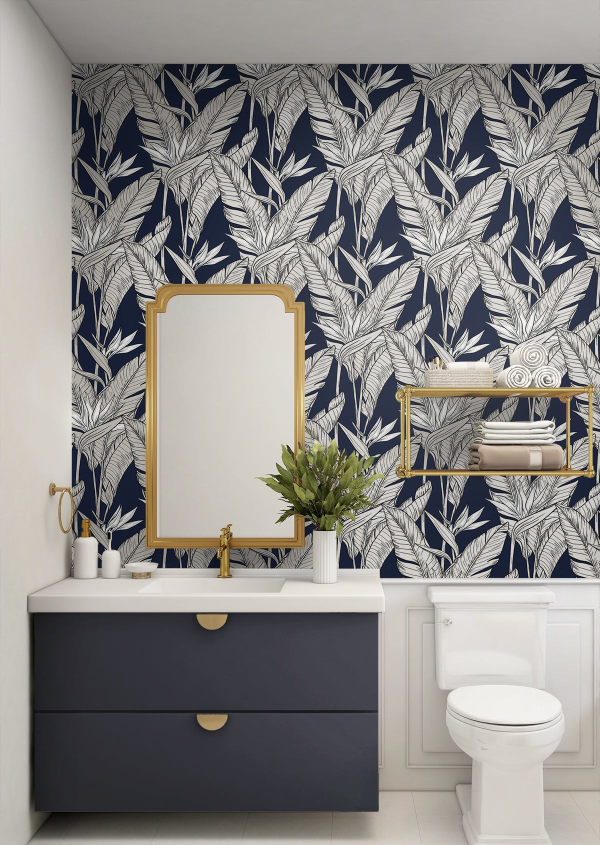 Birds of Paradise Navy Blue & Metallic Pewter by Stacy Garcia Peel and Stick Tropical Floral Peel & Stick Wallpaper – Stacy Garcia Home SG11902