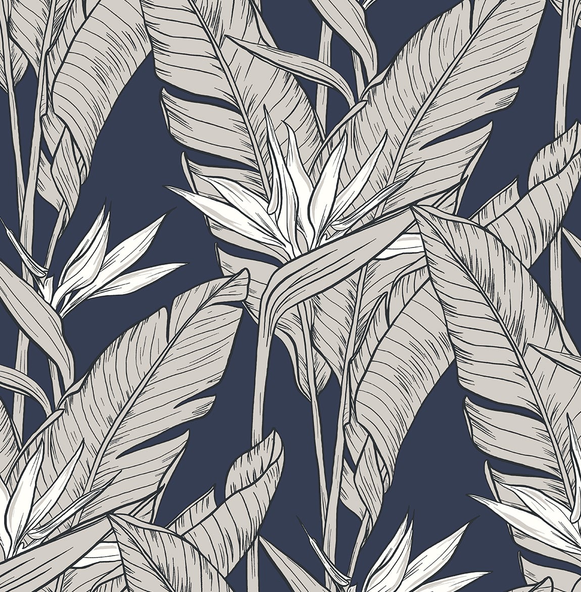 Birds of Paradise navy blue and metallic pewter tropical floral peel and stick wallpaper pattern