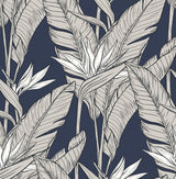 Birds of Paradise navy blue and metallic pewter tropical floral peel and stick wallpaper pattern