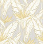 Birds of Paradise grey peel and stick wallpaper with metallic gold tropical floral outline.