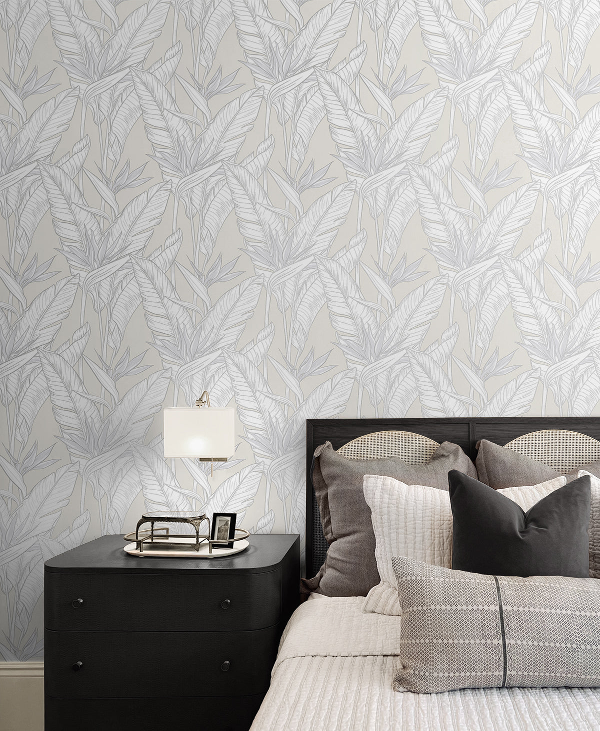 Birds of Paradise Pearl Grey & Metallic Silver by Stacy Garcia Peel and Stick Tropical Floral Peel & Stick Wallpaper – Stacy Garcia Home SG11905
