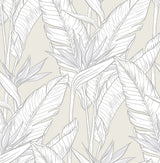 Pearl grey peel and stick wallpaper with metallic silver birds of paradise tropical leaf and flower linework.