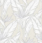 Pearl grey peel and stick wallpaper with metallic silver birds of paradise tropical leaf and flower linework.