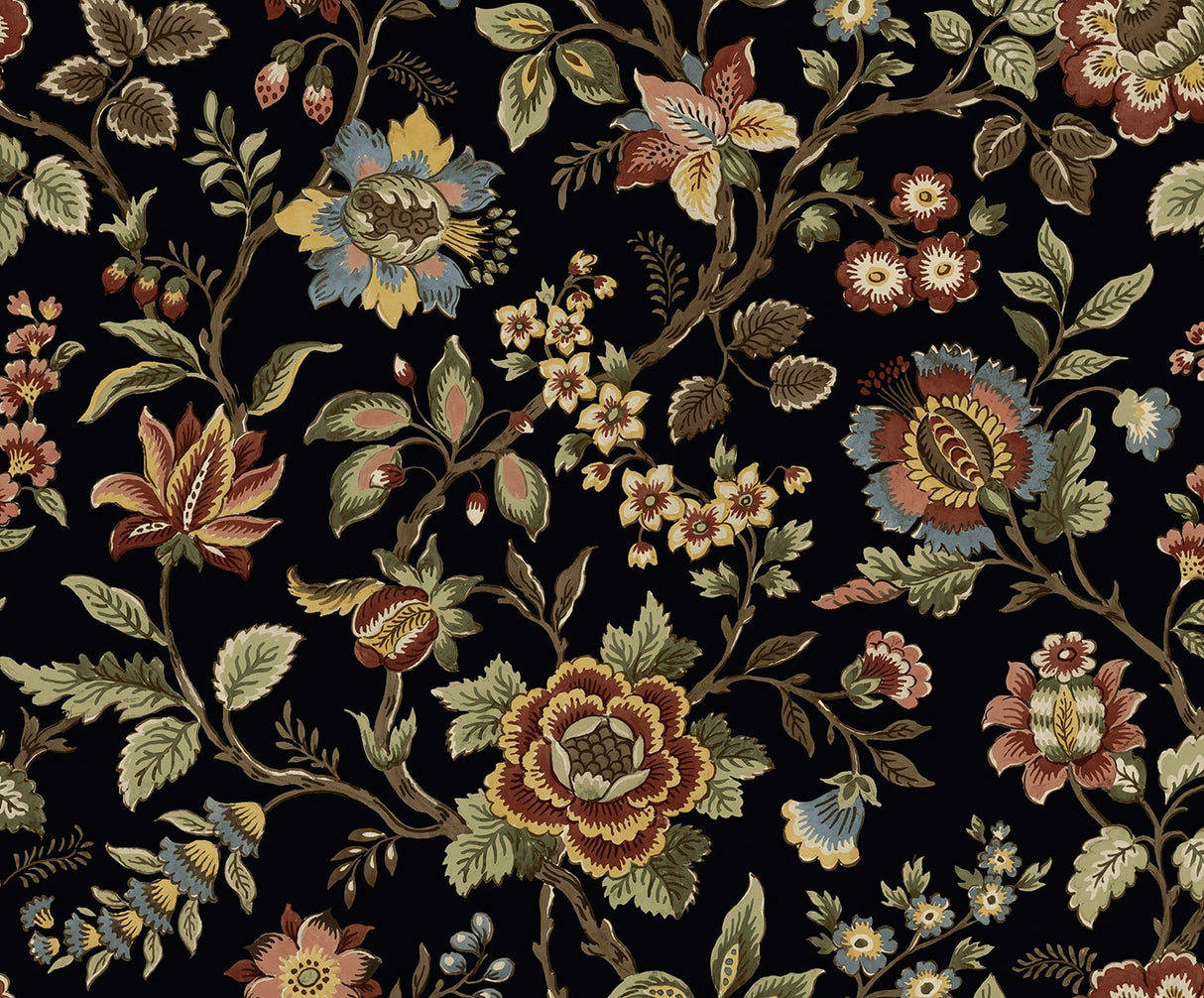 Jacobean Floral Trail peel and stick wallpaper in Ebony (SG13001)