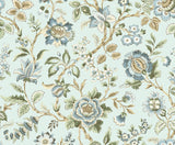 Jacobean Floral Trail peel and stick wallpaper in Sea Mist with vintage blue floral vines and leaves.