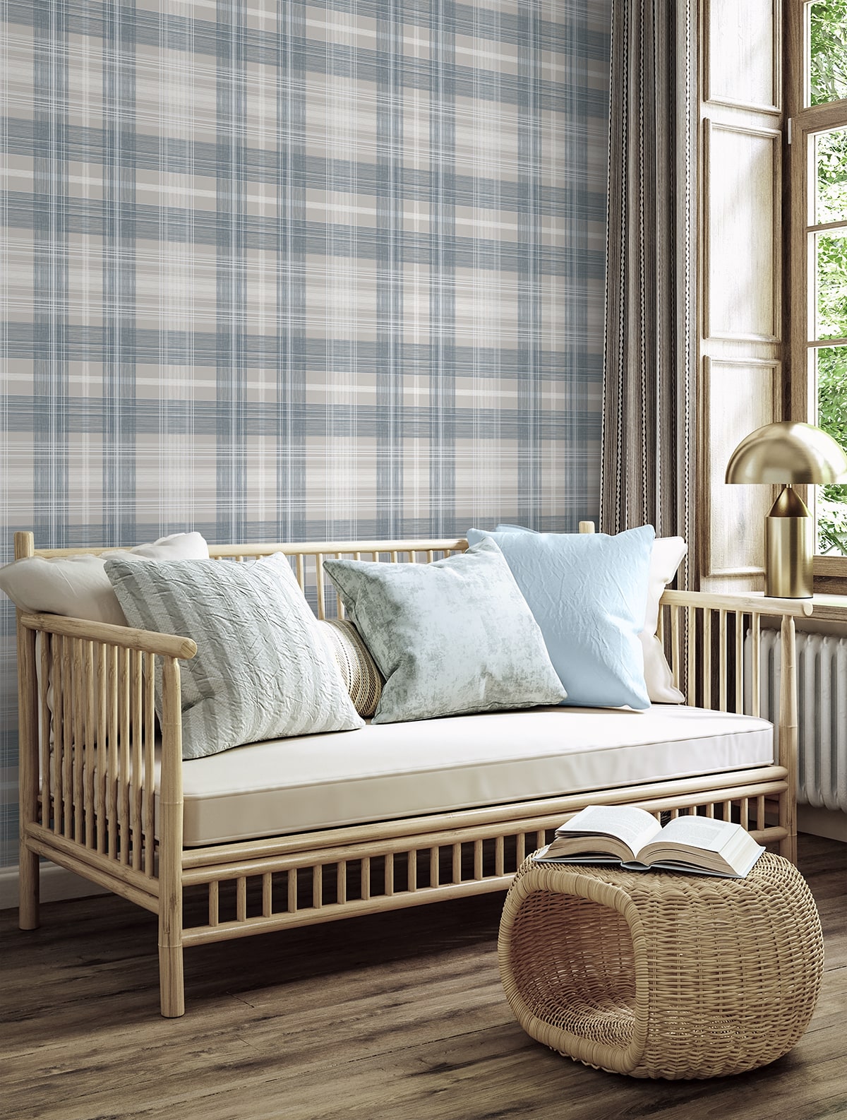 Crossroads Plaid Argos Grey & Blue by Stacy Garcia Home Peel & Stick Plaid Wallpaper – Stacy Garcia Home SG13102-Sample