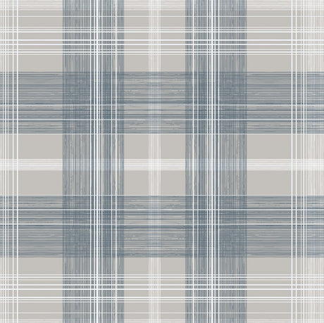 Crossroads Plaid peel and stick wallpaper in Argos Grey & Blue plaid pattern