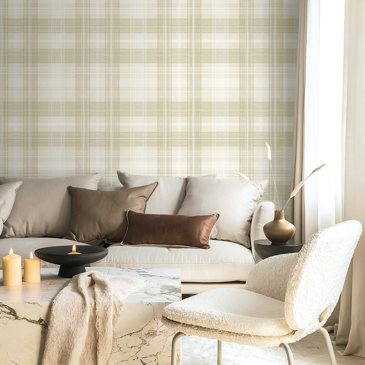 Crossroads Plaid Sand Dollar by Stacy Garcia Peel & Stick Plaid Wallpaper – Stacy Garcia Home SG13107
