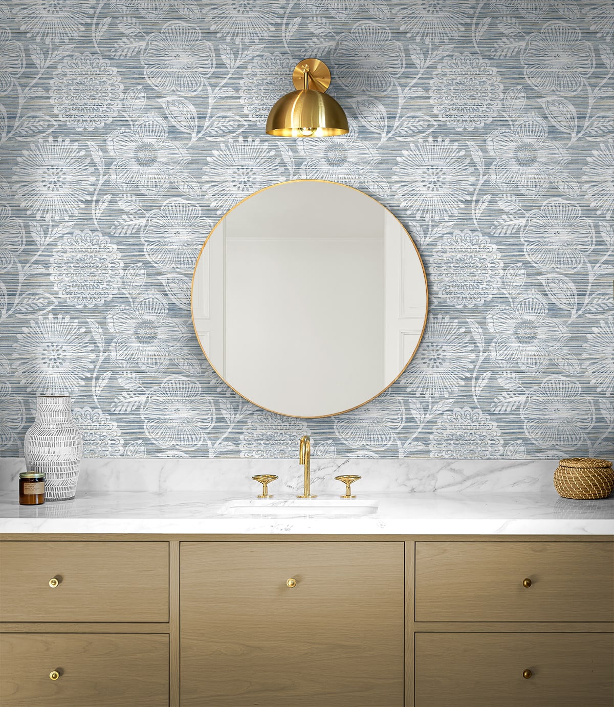 Faux Grass Floral Bluestone by Stacy Garcia Peel and Stick Peel & Stick Floral Faux Grasscloth Wallpaper – Stacy Garcia Home SG13302-Sample
