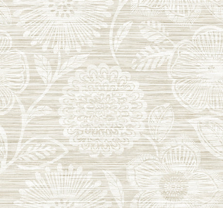 Sand beige faux grasscloth floral peel and stick wallpaper pattern