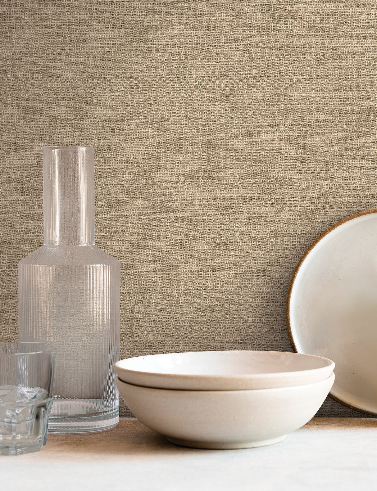 Shimmering Linen Light Caramel Wallpaper with Textured Linen Motif - York SI18554