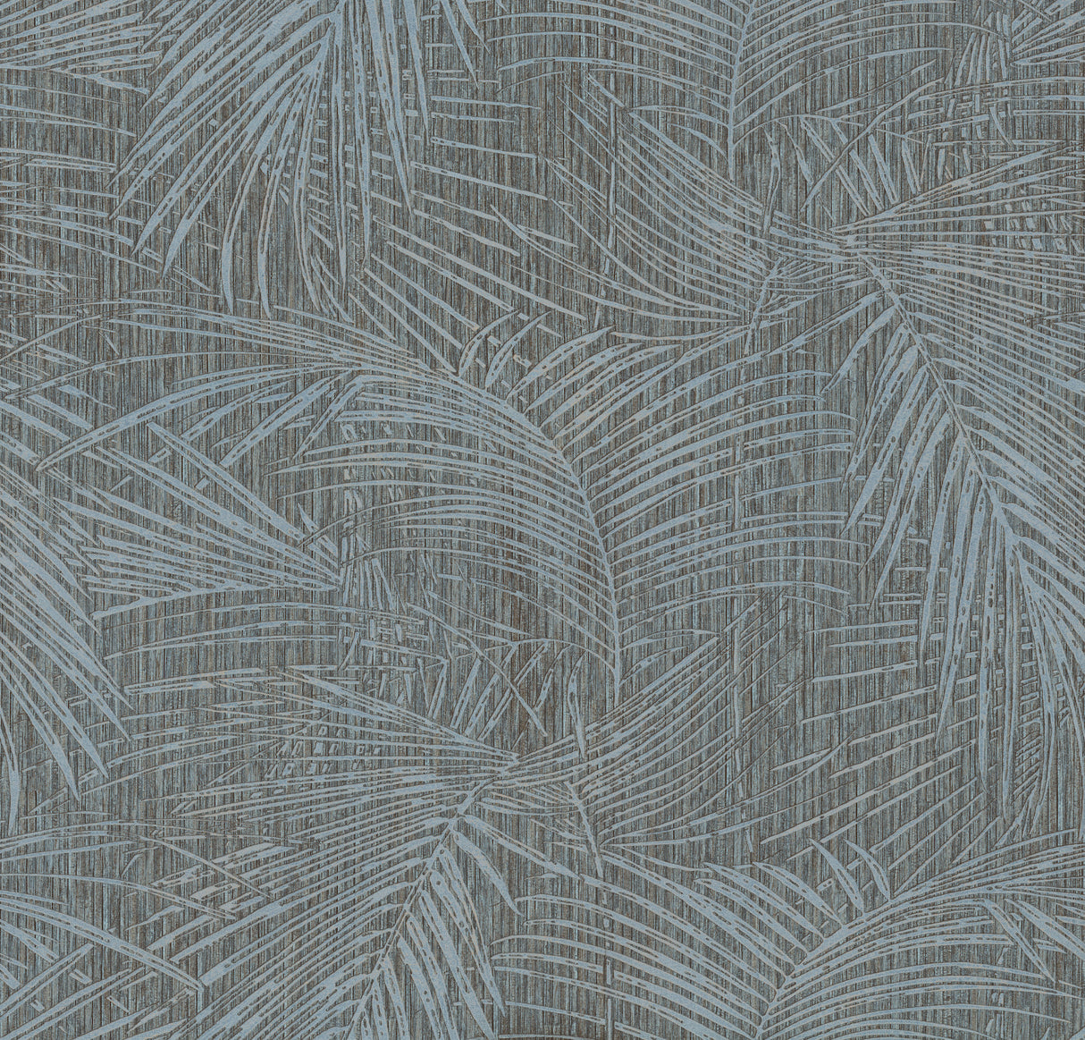 Della Palm Blue Multi Wallpaper by York Wallcoverings pattern detail of layered palm fronds