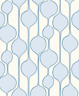 Baby blue geometric sidewall wallpaper with rounded orb motif and thin navy outlines on an off-white background.