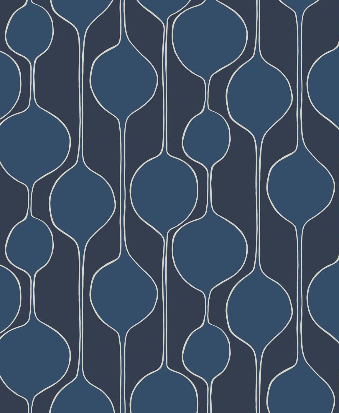 Celtic blue minimalist geometric wallpaper with looping oval vertical motif and matte finish