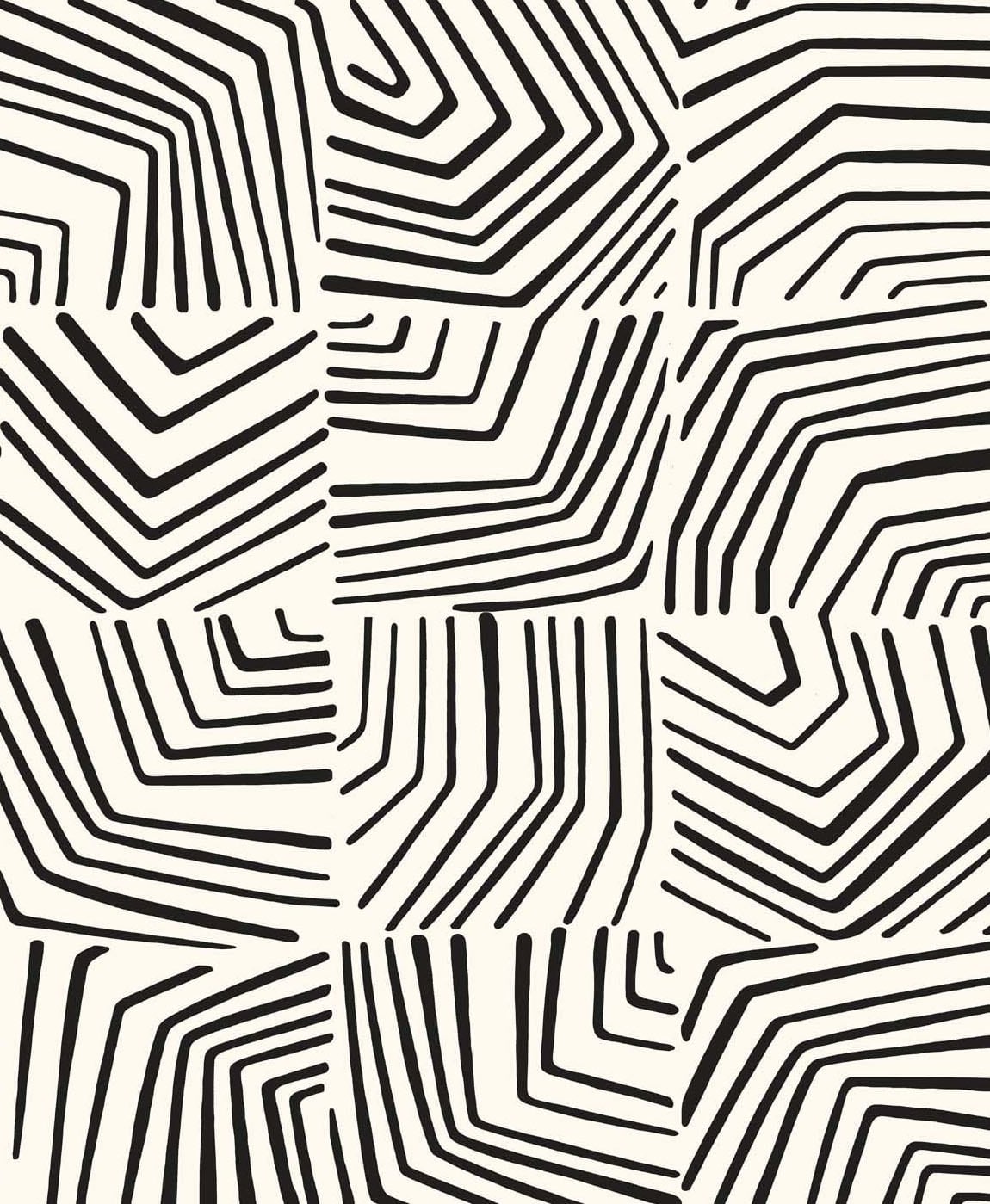 Linework Maze wallpaper in Inkwell featuring bold black linework geometric maze pattern on an off-white ground.