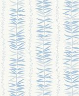 Summer Garland wallpaper in sky blue with vertical leafy garland vines on an off-white ground.