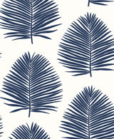 Navy blue palm leaf motif wallpaper pattern on an off-white ground
