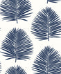 Navy blue palm leaf motif wallpaper pattern on an off-white ground