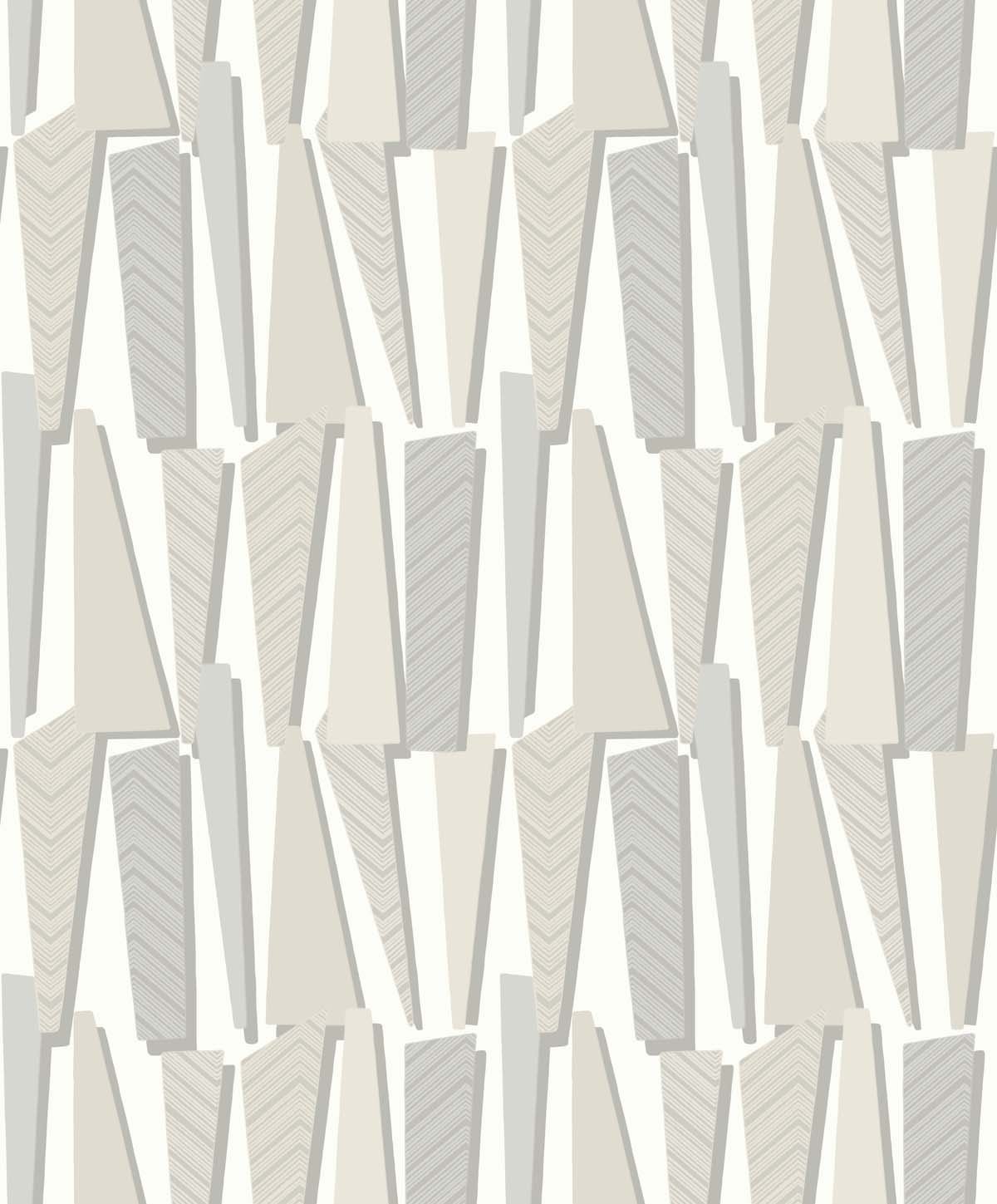 Neutral geometric wallpaper with layered vertical shapes in linen beige and soft gray on an off-white ground.