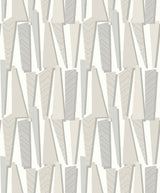 Neutral geometric wallpaper with layered vertical shapes in linen beige and soft gray on an off-white ground.