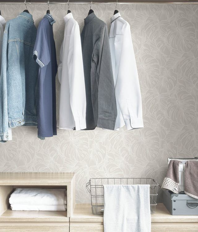Borneo White Peel & Stick Wallpaper with Modern Botanical Leaf Pattern - NuWallpaper SLS3976