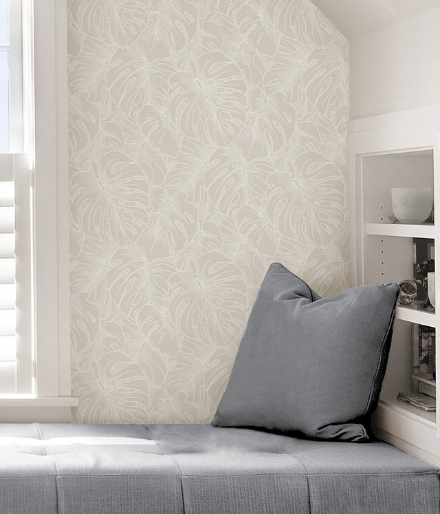 Borneo White Peel & Stick Wallpaper with Modern Botanical Leaf Pattern - NuWallpaper SLS3976