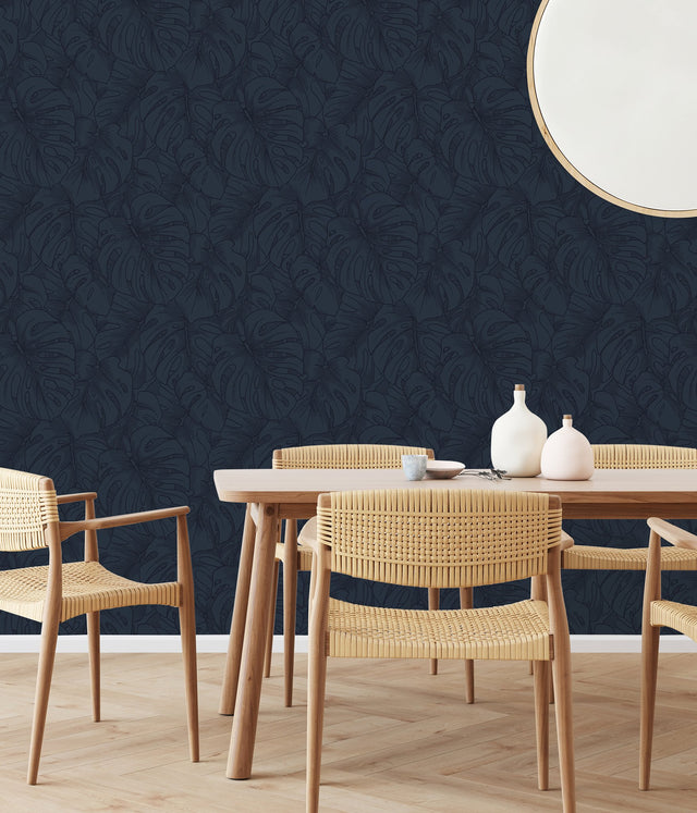 Borneo Indigo Peel & Stick Wallpaper with Modern Botanical Leaf Motif - NuWallpaper SLS3978