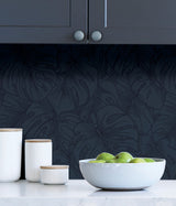 Borneo Indigo Peel & Stick Wallpaper with Modern Botanical Leaf Motif - NuWallpaper SLS3978