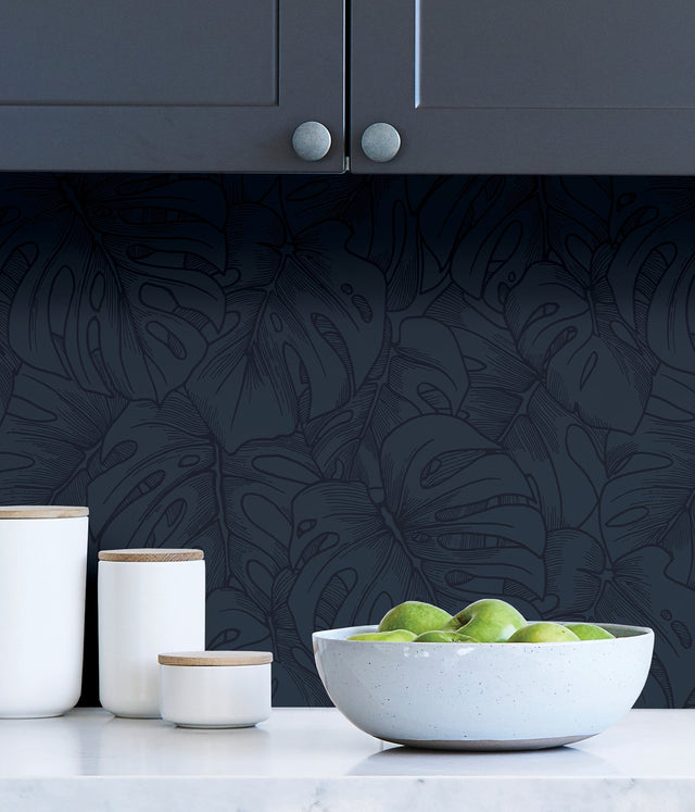 Borneo Indigo Peel & Stick Wallpaper with Modern Botanical Leaf Motif - NuWallpaper SLS3978
