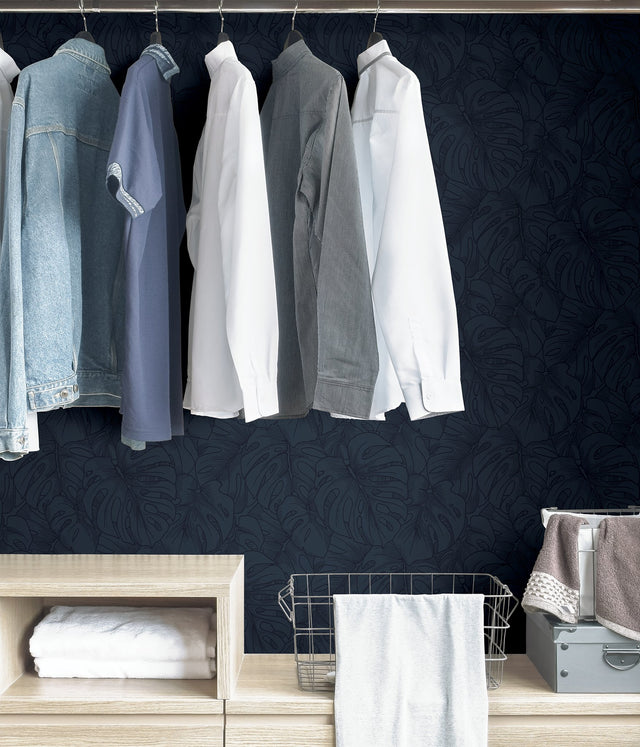 Borneo Indigo Peel & Stick Wallpaper with Modern Botanical Leaf Motif - NuWallpaper SLS3978