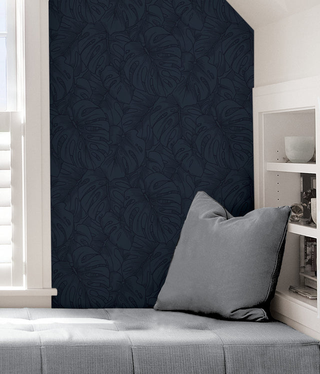 Borneo Indigo Peel & Stick Wallpaper with Modern Botanical Leaf Motif - NuWallpaper SLS3978
