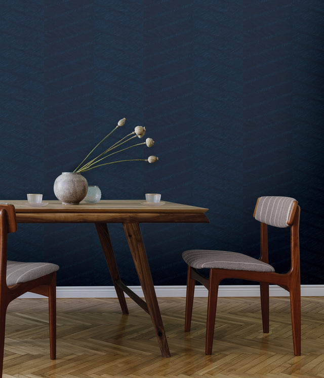 Wayward Indigo Peel & Stick Wallpaper with Modern Chevron Pattern and Raised Ink Texture - Scott Living SLS3979