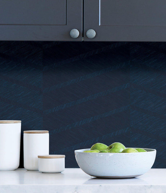 Wayward Indigo Peel & Stick Wallpaper with Modern Chevron Pattern and Raised Ink Texture - Scott Living SLS3979