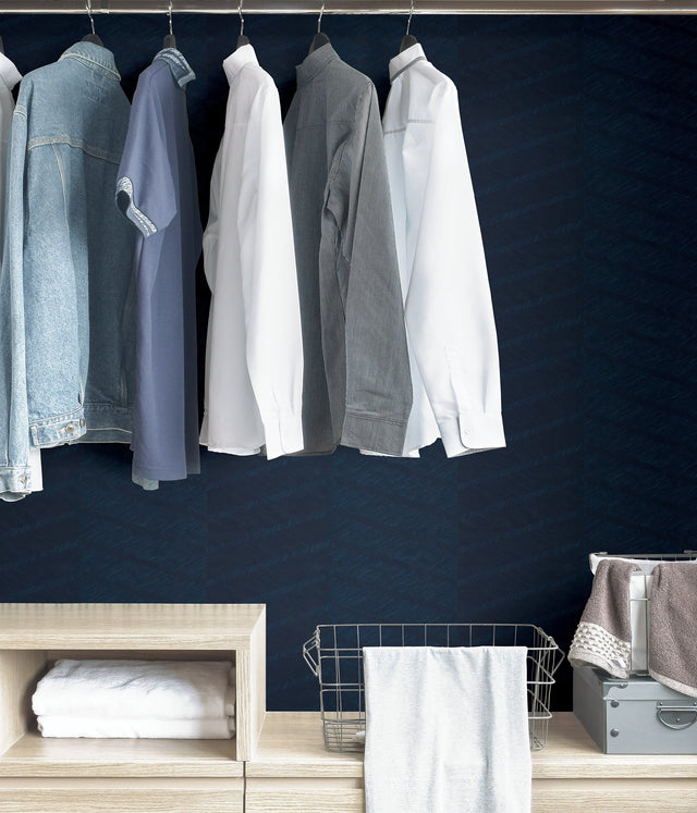 Wayward Indigo Peel & Stick Wallpaper with Modern Chevron Pattern and Raised Ink Texture - Scott Living SLS3979