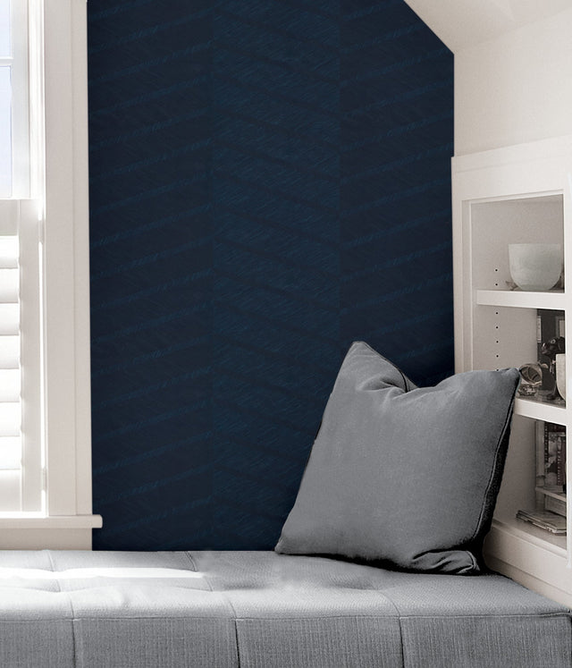 Wayward Indigo Peel & Stick Wallpaper with Modern Chevron Pattern and Raised Ink Texture - Scott Living SLS3979