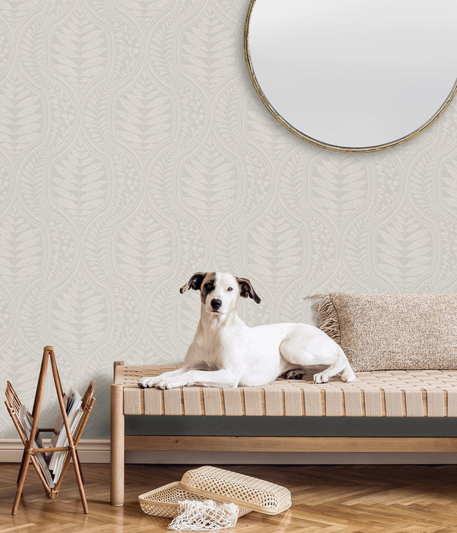 Foliate Grey Peel & Stick Wallpaper with Scandinavian Botanical Ogee Pattern - Scott Living x NuWallpaper SLS3982
