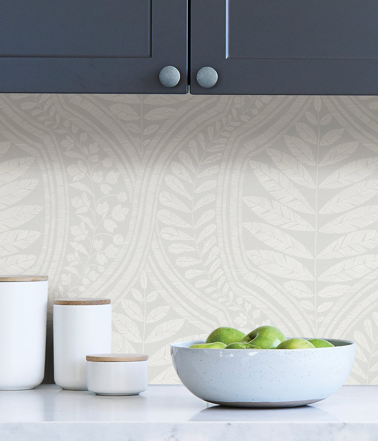 Foliate Grey Peel & Stick Wallpaper with Scandinavian Botanical Ogee Pattern - Scott Living x NuWallpaper SLS3982