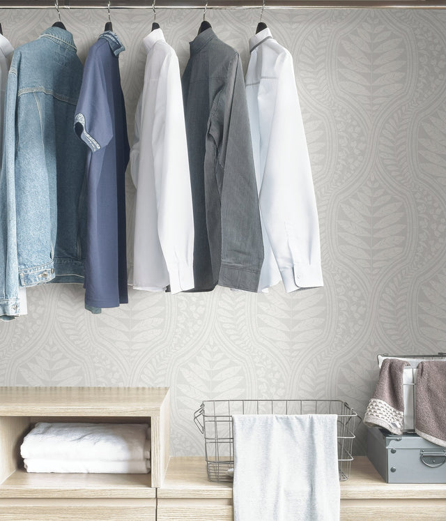 Foliate Grey Peel & Stick Wallpaper with Scandinavian Botanical Ogee Pattern - Scott Living x NuWallpaper SLS3982