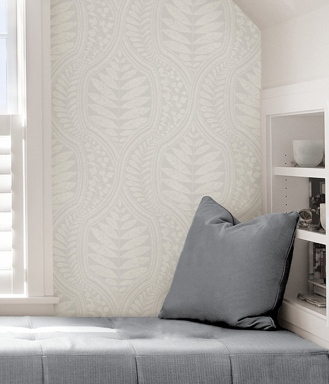 Foliate Grey Peel & Stick Wallpaper with Scandinavian Botanical Ogee Pattern - Scott Living x NuWallpaper SLS3982