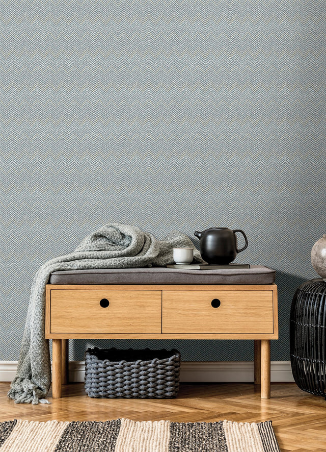 Alden Grey Blue Tweed Chevron Peel & Stick Wallpaper - Scott Living x NuWallpaper SLS4295