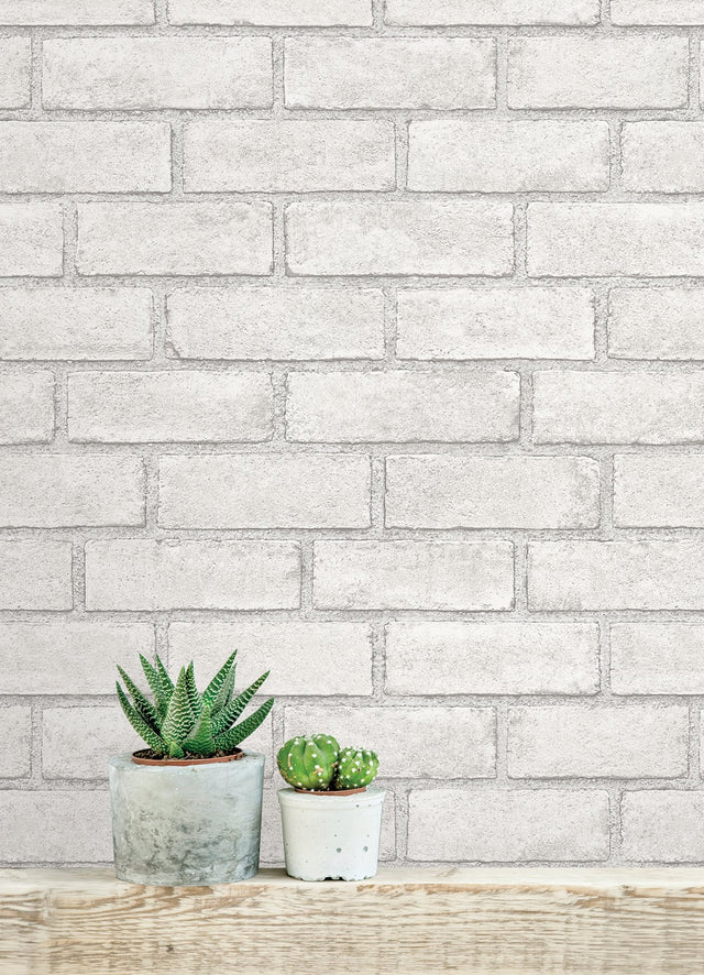 District Brick White Peel and Stick Wallpaper with Modern Brick Pattern - Scott Living SLW3404