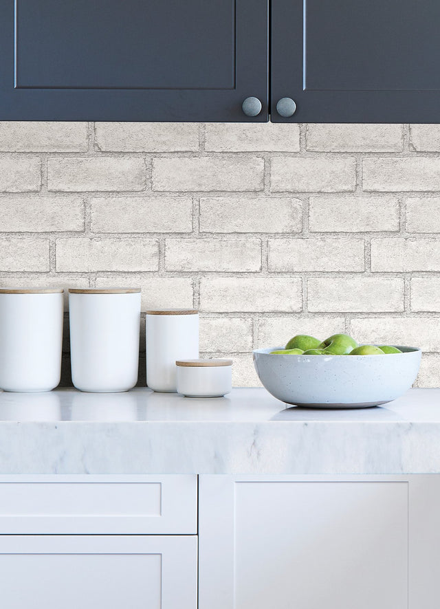 District Brick White Peel and Stick Wallpaper with Modern Brick Pattern - Scott Living SLW3404