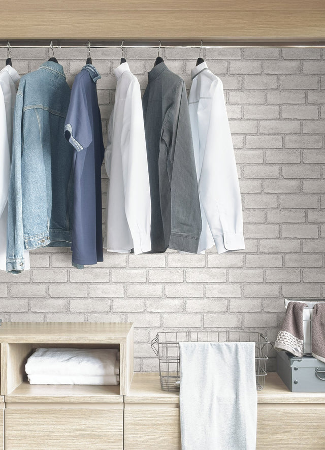 District Brick White Peel and Stick Wallpaper with Modern Brick Pattern - Scott Living SLW3404