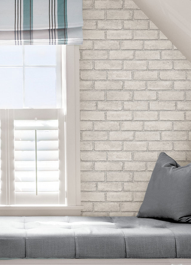 District Brick White Peel and Stick Wallpaper with Modern Brick Pattern - Scott Living SLW3404