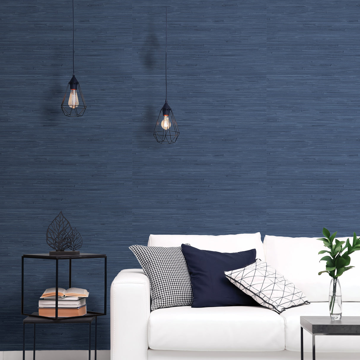 Seagrass Indigo Peel and Stick Self Adhesive Vinyl Wallpaper with Coastal Grasscloth Texture in Rich Blue Tones by NuWallpaper - SLW3410