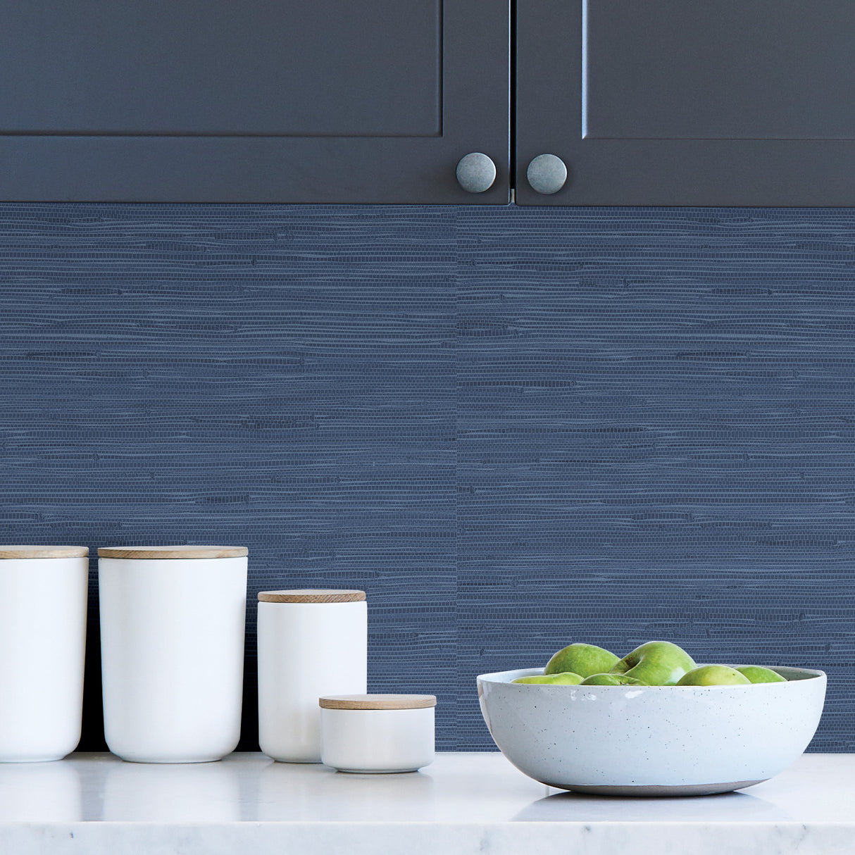 Seagrass Indigo Peel and Stick Self Adhesive Vinyl Wallpaper with Coastal Grasscloth Texture in Rich Blue Tones by NuWallpaper - SLW3410