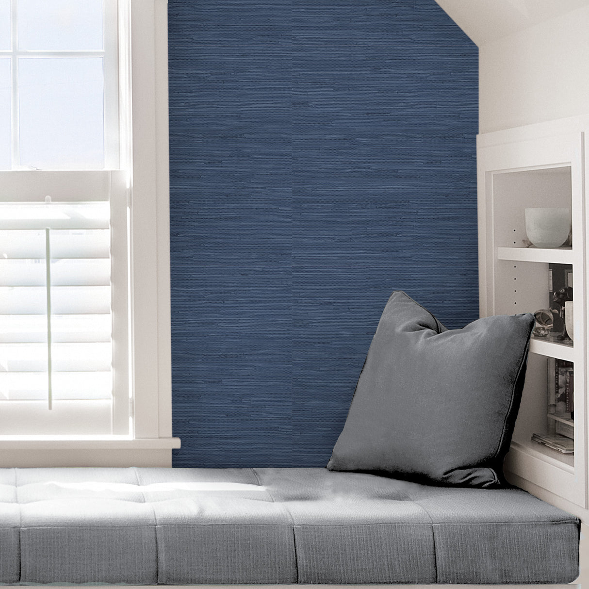 Seagrass Indigo Peel and Stick Self Adhesive Vinyl Wallpaper with Coastal Grasscloth Texture in Rich Blue Tones by NuWallpaper - SLW3410