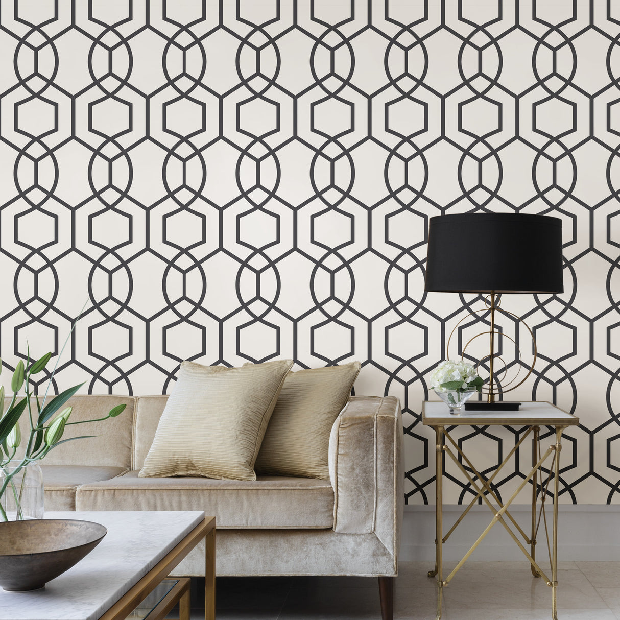 Uptown Soul Black and Off-White Modern Geometric Hexagon Trellis Peel and Stick Self Adhesive Removable Wallpaper by NuWallpaper - SLW3414