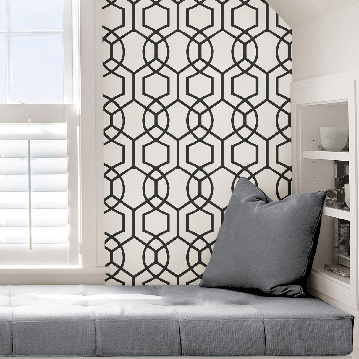 Uptown Soul Black and Off-White Modern Geometric Hexagon Trellis Peel and Stick Self Adhesive Removable Wallpaper by NuWallpaper - SLW3414