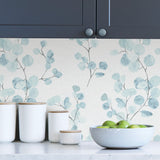 Bliss Blue Watercolor Eucalyptus Botanical Peel and Stick Self Adhesive Fully Removable Wallpaper by NuWallpaper - SLW3419